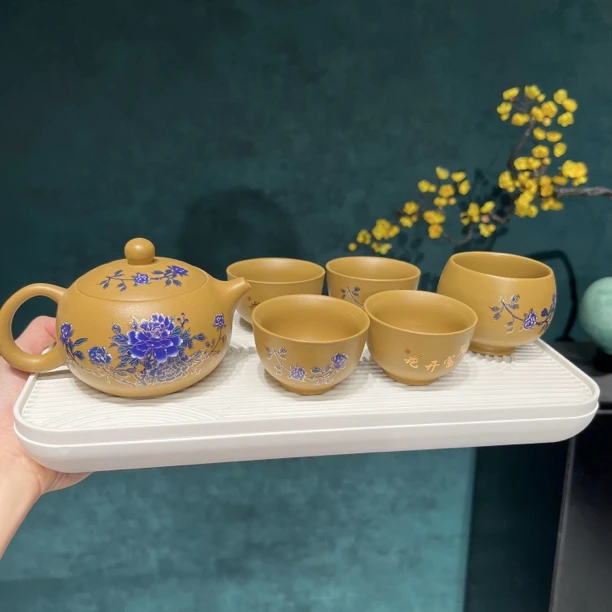 【邮政甄选】花开富贵变色紫砂壶5杯带盘@Z482(cp)