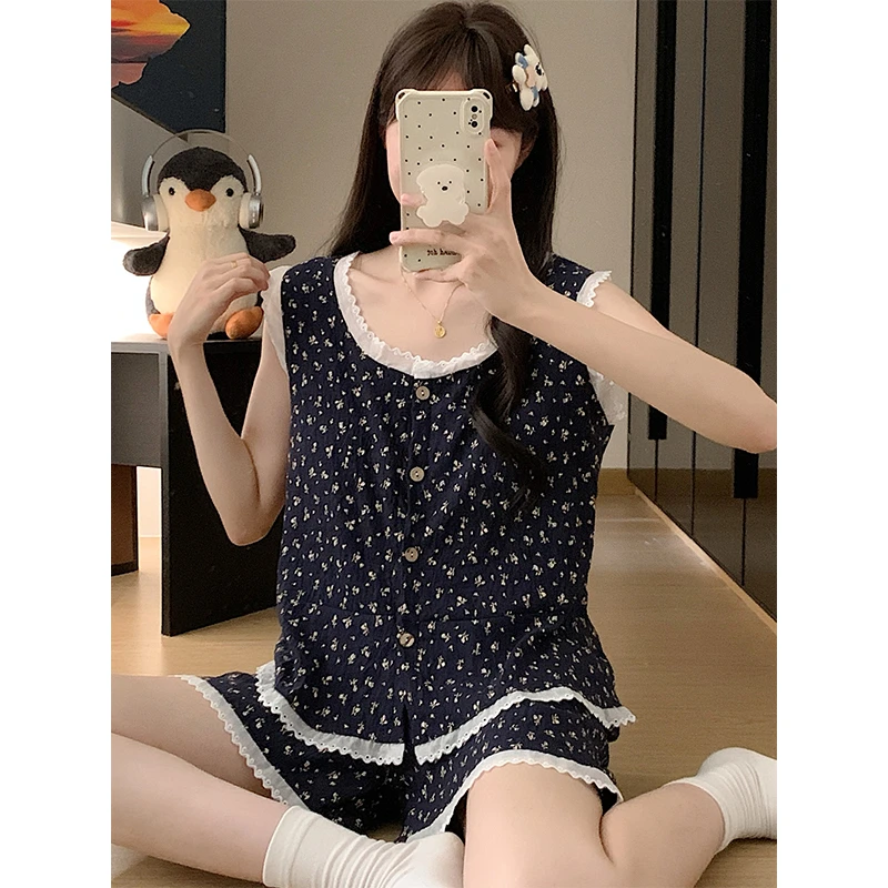 韩系碎花睡衣女款爆款2025新款带胸垫无袖背心短裤夏天薄款家居服