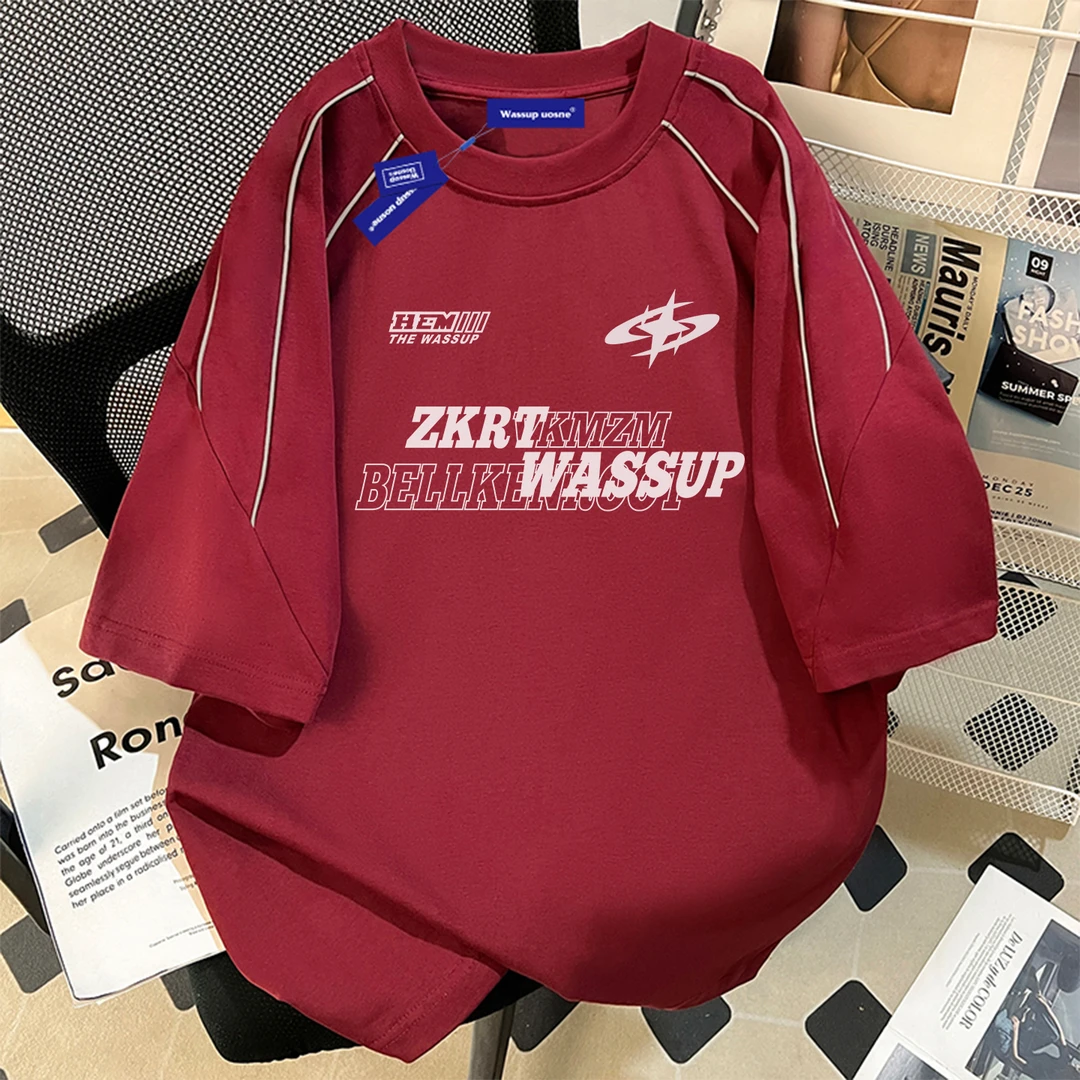 美式短袖t恤男2025夏季新款重磅宽松酒红色体恤潮牌痞帅炸街男装