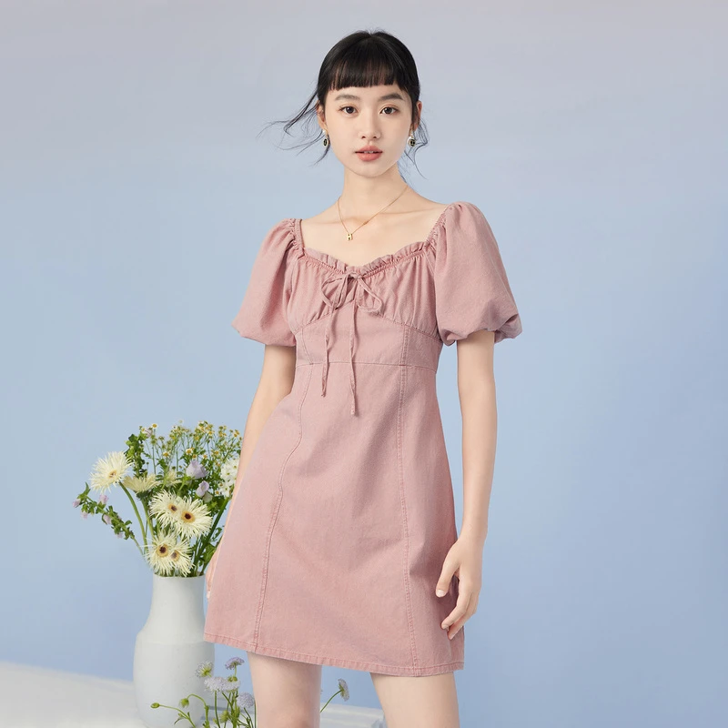 A爱居兔夏季甜美时尚多色牛仔短袖连衣裙EQLBJ2N713A