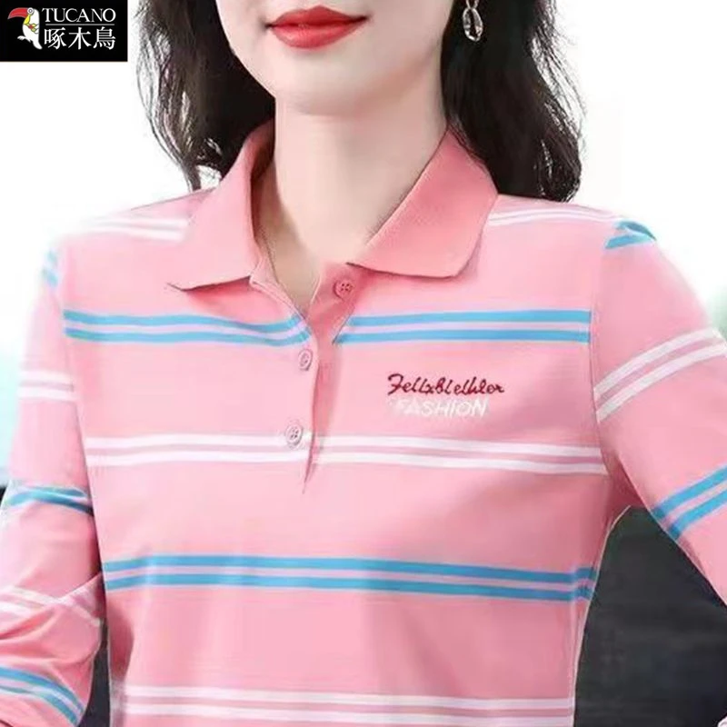 啄木鸟新款条纹翻领T恤女2025年春秋长袖POLO衫韩版时尚刺绣上衣