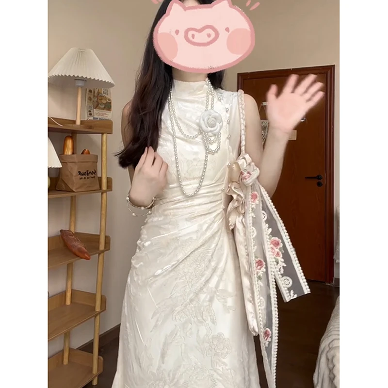 新中式国风提花无袖改良旗袍连衣裙温柔气质收腰修身包臀鱼尾裙夏