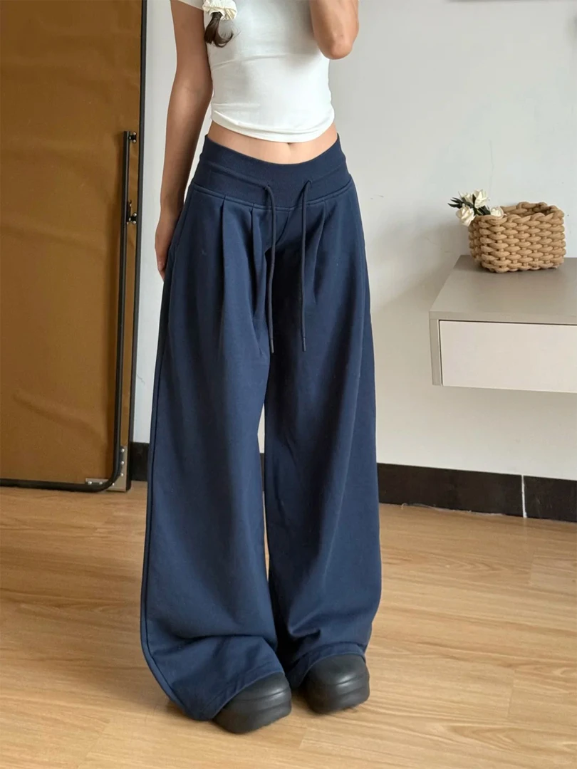 大码胖mm宽松阔腿裤女秋季抽绳松紧腰显瘦垂感休闲直筒拖地卫裤
