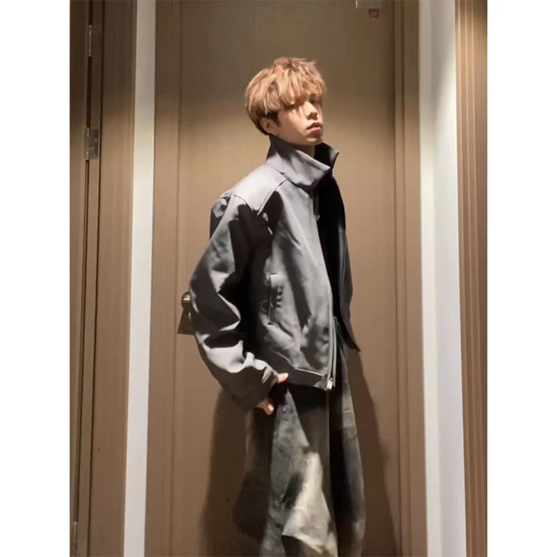 美式百搭复古灰色痞帅夹克春秋hiphop美式复古棒球服男士休闲外套