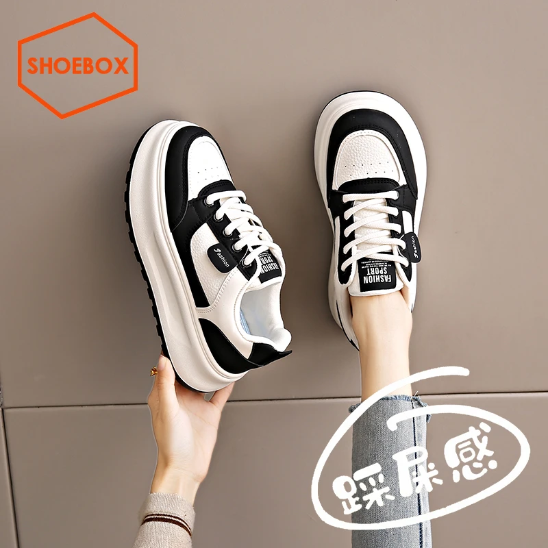 SHOEBOX鞋柜厚底皮面休闲板鞋女2025春季新款百搭休闲运动鞋女