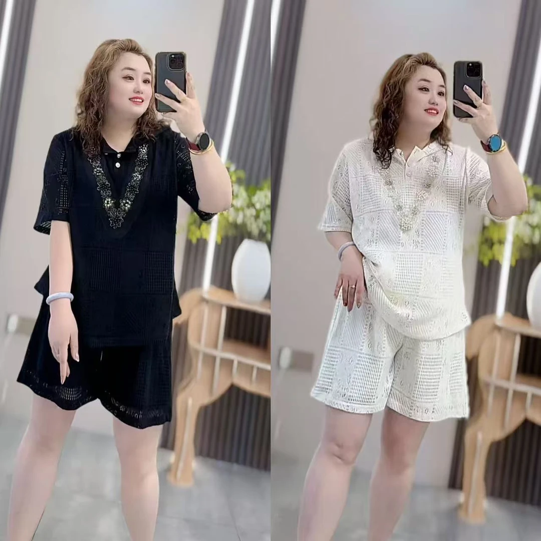 3588（丹姐家）套装夏季小香风嵌钻棉网镂空上衣短裤活泼减龄两件套