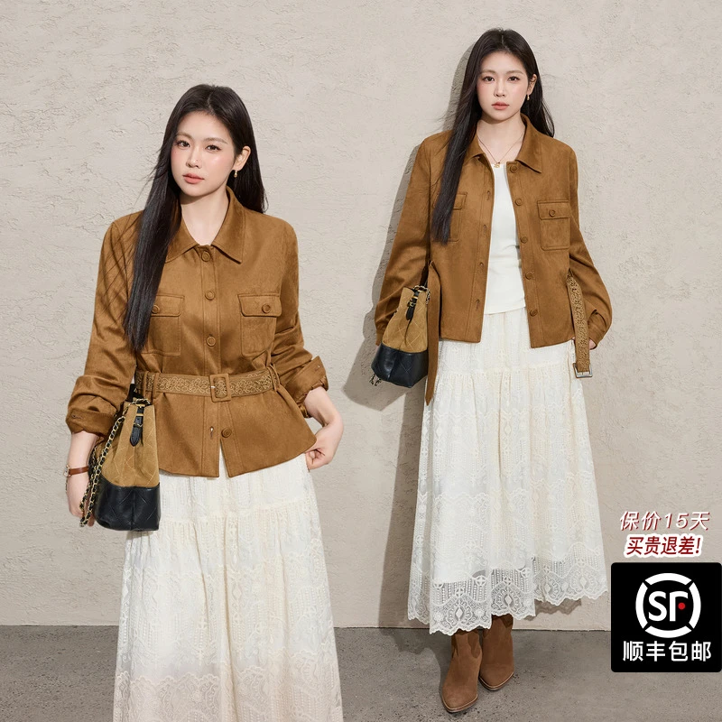 蓝语大码复古时髦巴恩风工装夹克女2026春款仿麂皮绒翻领收腰外套