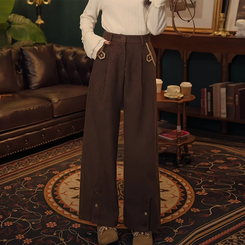 SHALLDOER显瘦宽松保暖长裤2025冬季纯色阔腿休闲裤女复古优雅