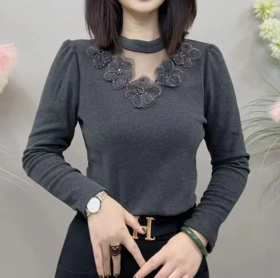 2025冬款半高领蕾丝花朵双面绒长袖衬衫女修身减龄时尚上衣-25221