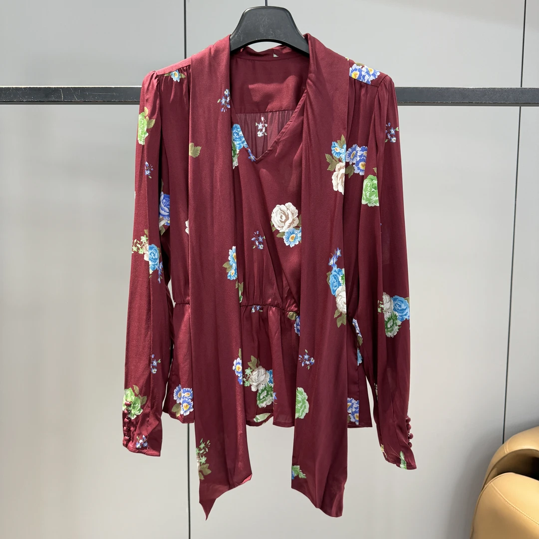 品牌剪标撤柜微瑕花朵印花睡衣风宽松系带衬衫TOP105