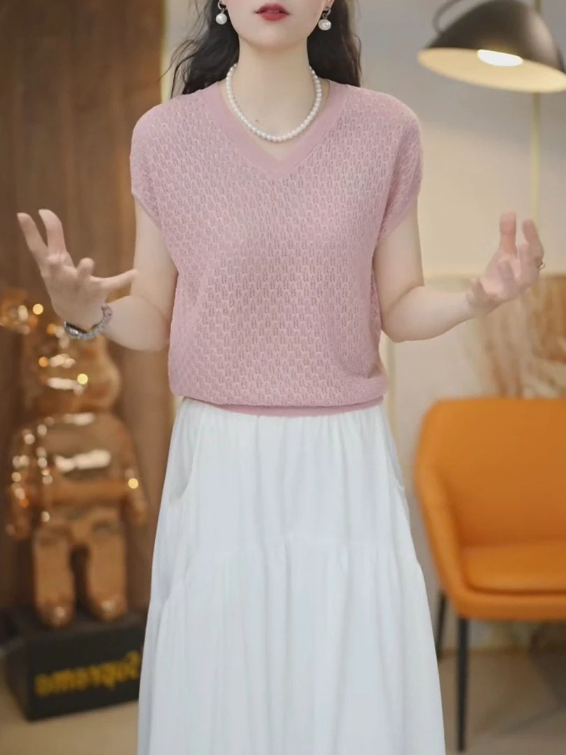 天丝+桑蚕丝轻薄透气V领纯色镂空针织衫2025新款宽松百搭气质上衣