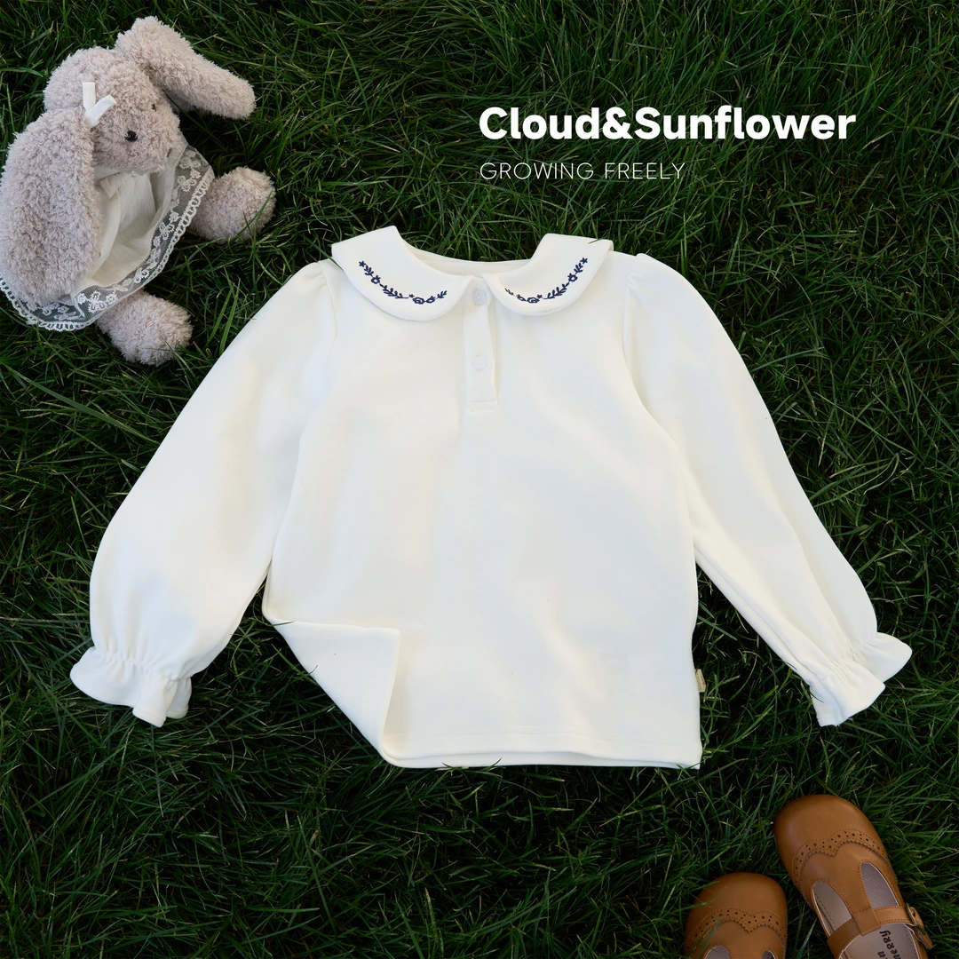 【云朵小葵】女童秋季新款翻领黑色刺绣纯色休闲长袖上衣991310