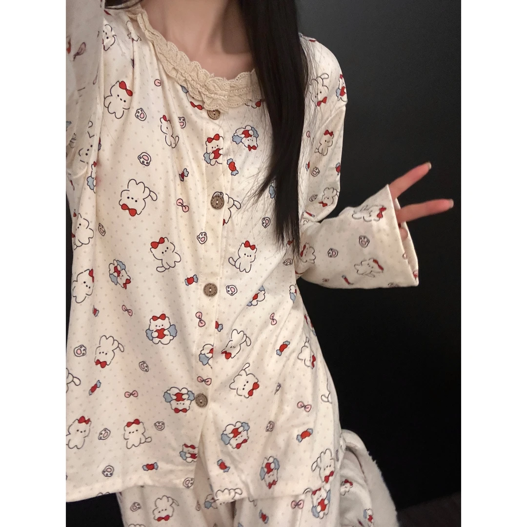 韩版可爱小猫卡通花边拼接德绒睡衣女秋冬季新款家居服套装可外穿