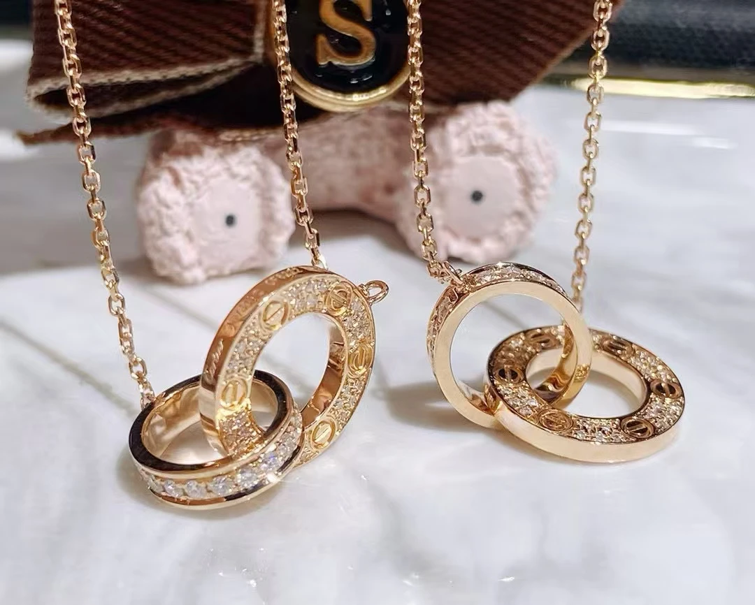 轻奢经典简约时尚18K金钻石双环饼项链（多样性发其一）