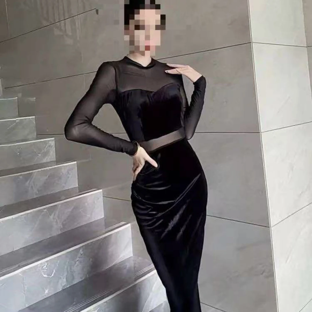 黑色网纱拼接长袖连衣裙修身显瘦纯欲收腰开叉包臀裙时尚长裙9253
