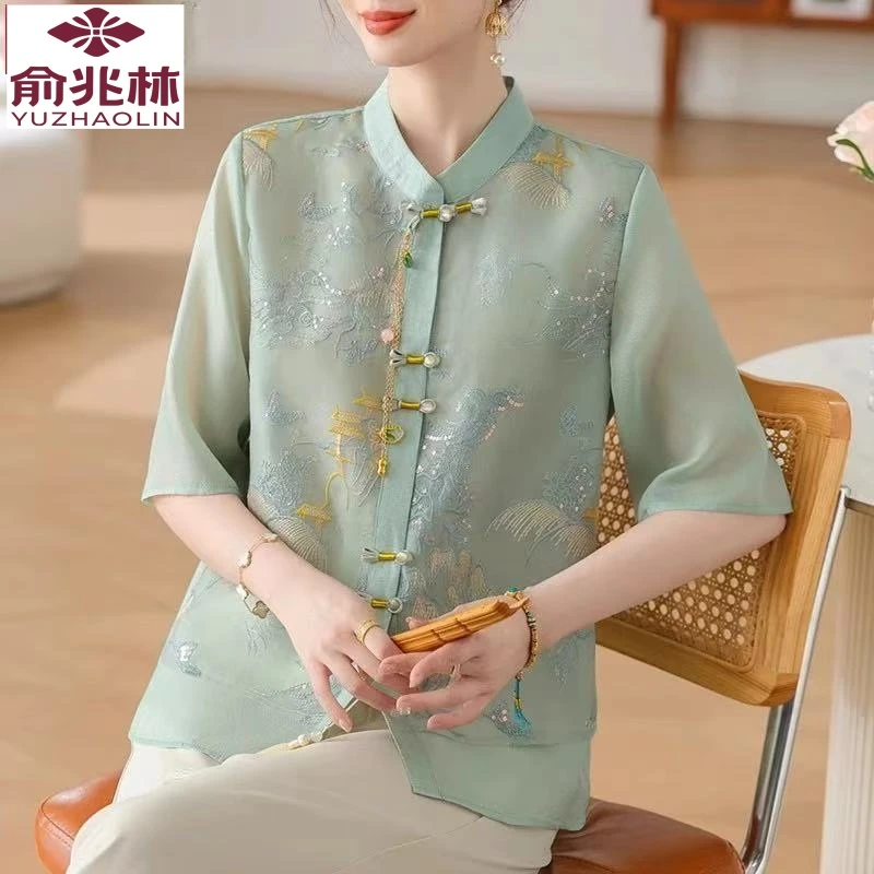 母亲节妈妈夏装套装洋气中袖上衣中老年女装雪纺小衫时尚两件套