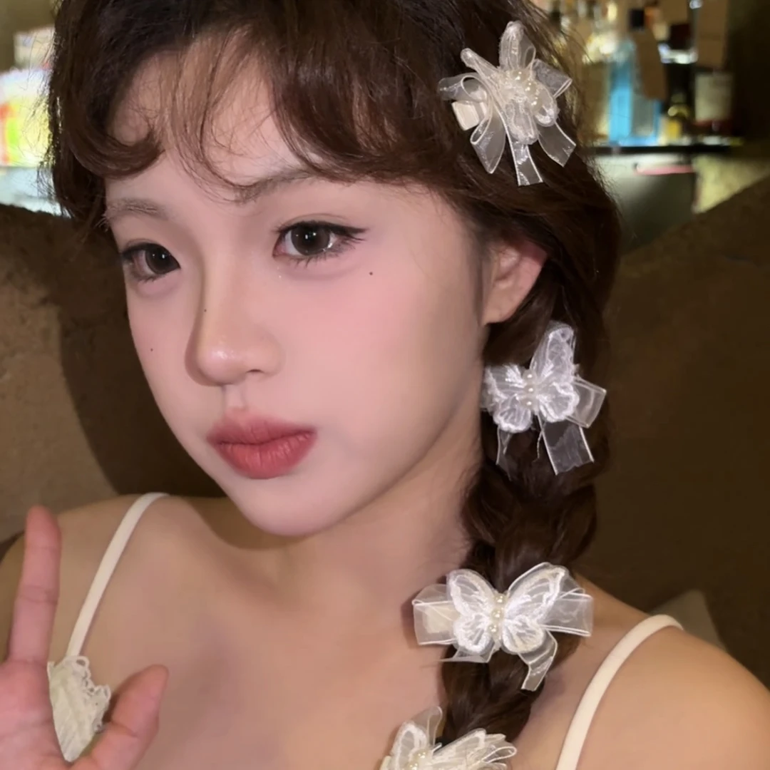 芭蕾蝴蝶舞～超仙白色网纱蝴蝶珍珠发夹森系仙美蝴蝶结侧边编发