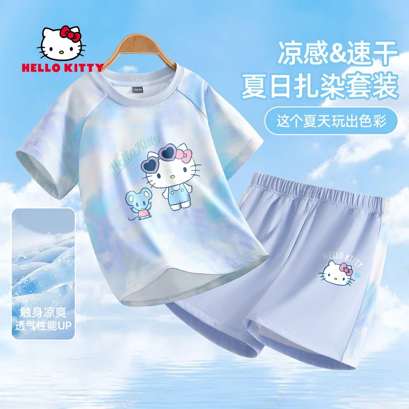 Hello Kitty女童速干套装夏季轻薄凉感运动衣服儿童扎染短袖夏装