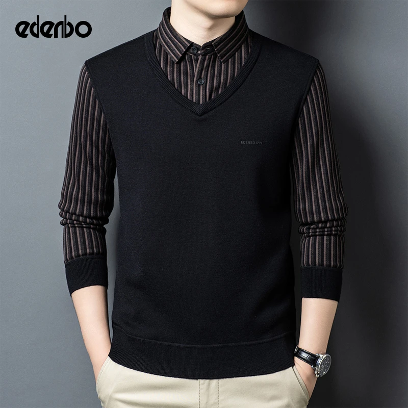 【商场同款】爱登堡男士针织衫加厚冬季休闲翻领韩版条纹假两件毛衣