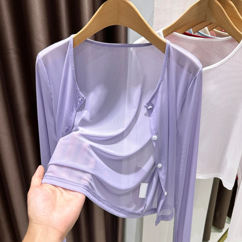 紫色透气冰丝网纱外套女款爆款2025新款夏季休闲裙子外搭防晒罩衫