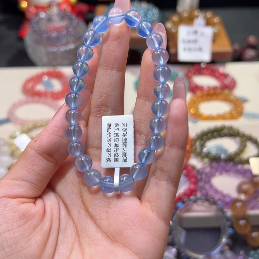 水晶手串未镶嵌羡**u7m收藏级晴空蓝海蓝宝