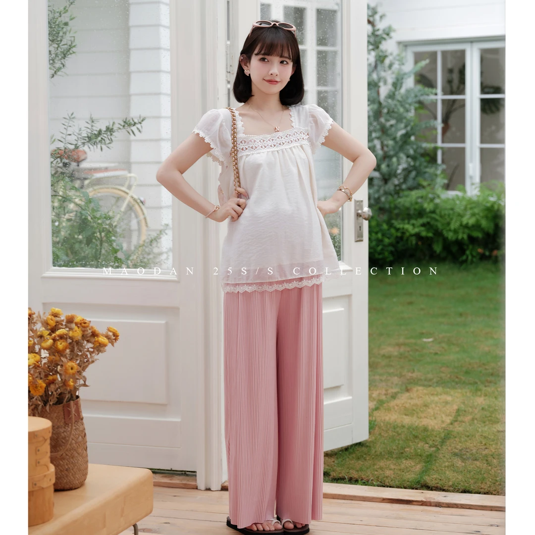 maodan/猫单【可露桃酥】孕妇装方领短袖蕾丝孕妈休闲夏季甜美镂空