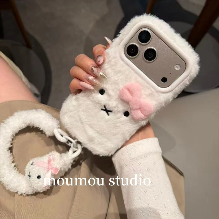 秋冬可爱毛绒蝴蝶结米菲兔适用iPhone17promax防摔16pro手机壳15
