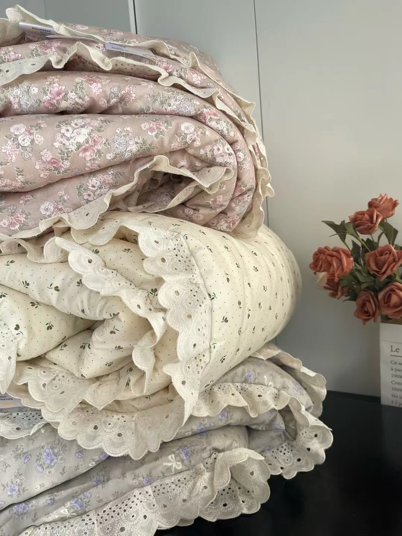 新款法式花边小清新纯棉夏被春秋被柔软透气被子褥子公主风花边被