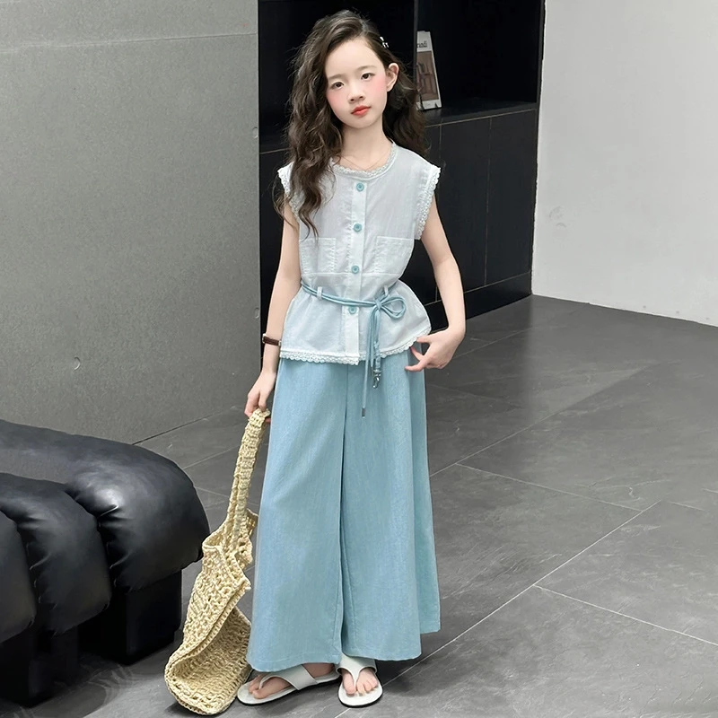 女童夏裤子套装中大童2025新款花边无袖上衣阔腿裤两件套直筒裤
