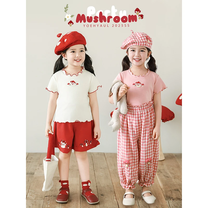 幼悠女童夏装蘑菇小兔绣花短袖T恤可爱超萌儿童衣服森系服装X5094