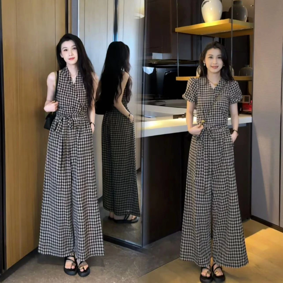套装显瘦阔腿裤气质高腰夏季格子两件套洋气时尚休闲复古减龄宽松
