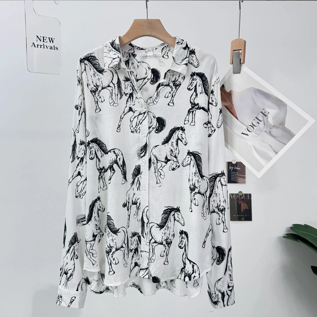 B454 高端定制轻奢风满印骏马图案翻领亚麻长袖衬衫百搭时尚透气