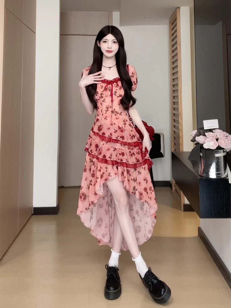 松本丧丧红色方领碎花不规则长裙气质感收腰显瘦连衣裙B252Q0907