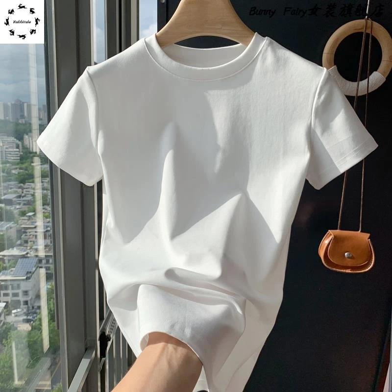 正肩短袖t恤女夏季2025新款纯棉修身收腰显瘦纯色基础款圆领上衣
