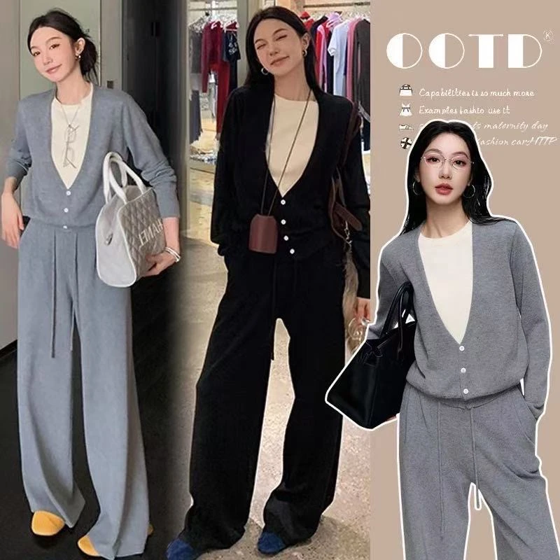 2025秋新款V领假两件开扣拼接针织毛衣慵懒复古宽松孕妇套装