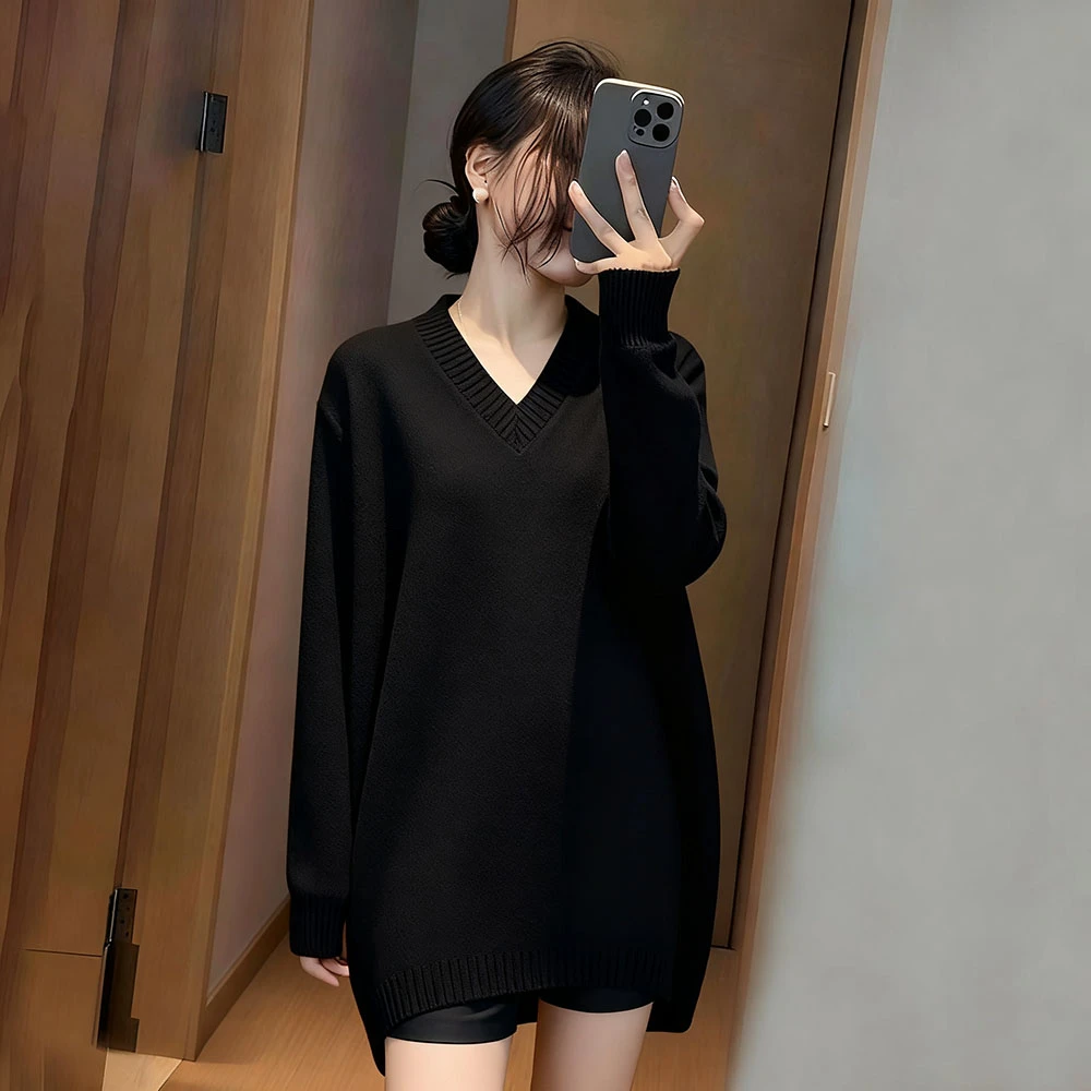 慵懒风黑色毛衣女士秋冬宽松减龄洋气中长款遮屁股内搭针织衫上衣