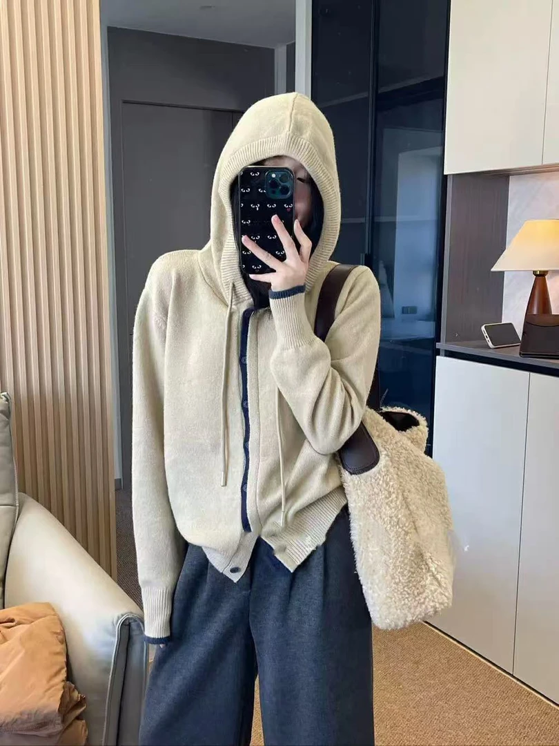 BGY#88229冬季福利扣子连帽毛衣外套，衣长：60cm