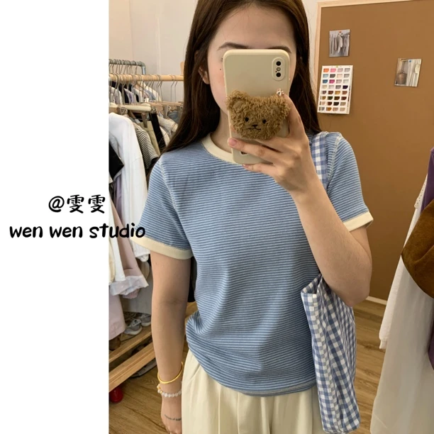 【雯雯】春夏款百搭小众圆领拼接设计感条纹T恤
