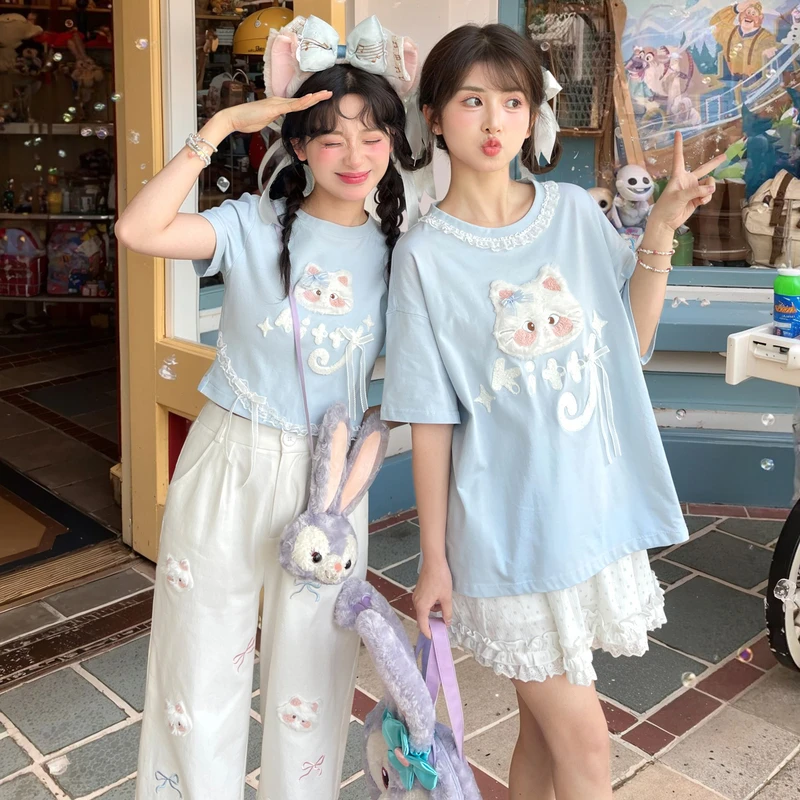 森女部落原创萌趣立体卡通猫咪宽松日常休闲短袖T恤夏季新款女装