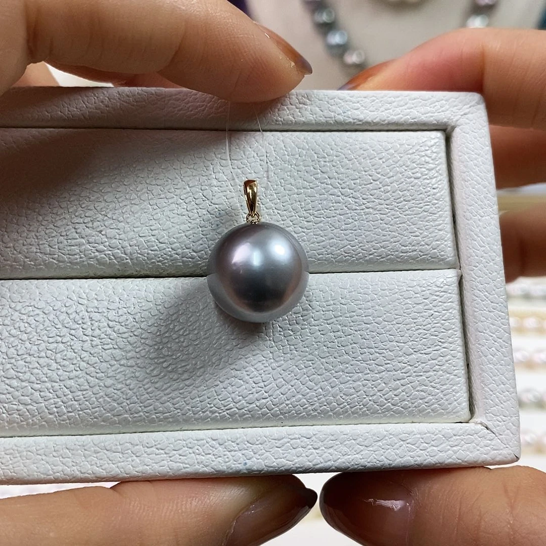 海水珍珠18K金镶嵌吊坠(不含链)13-14m大溪地黑珍珠吊坠（铂金灰）