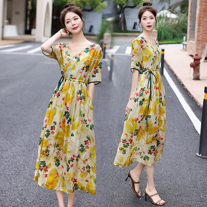 苎麻碎花连衣裙女夏季2025新款高档轻奢风新中式气质收腰长裙子