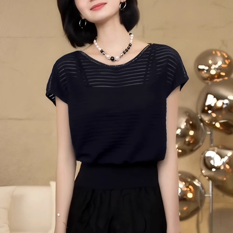 优雅休闲纯色透气2025夏季设计感上衣正肩t恤冰丝圆领针织衫短袖
