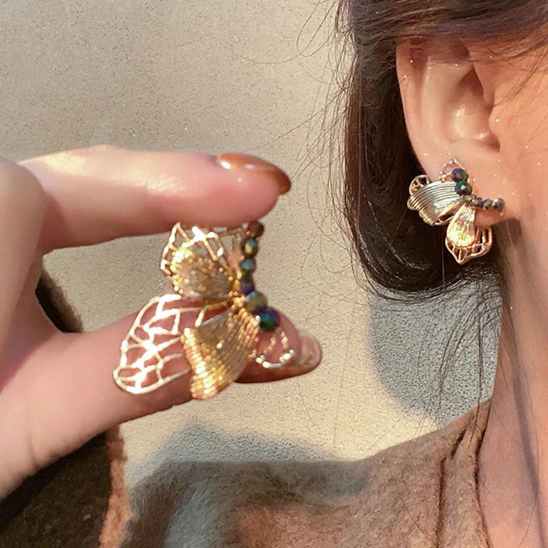 金色羽翼~新中式流金蝴蝶耳钉女气质轻奢小众前后戴耳环耳饰5845