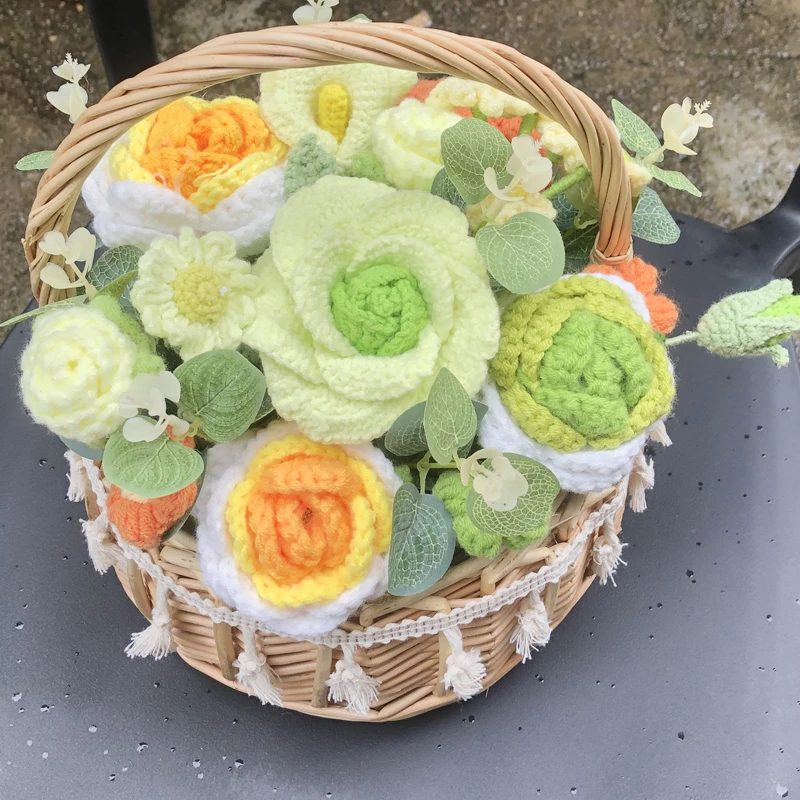 纯手工毛线钩织花束含玫瑰向日葵成品手提花篮适合送老师生日礼物