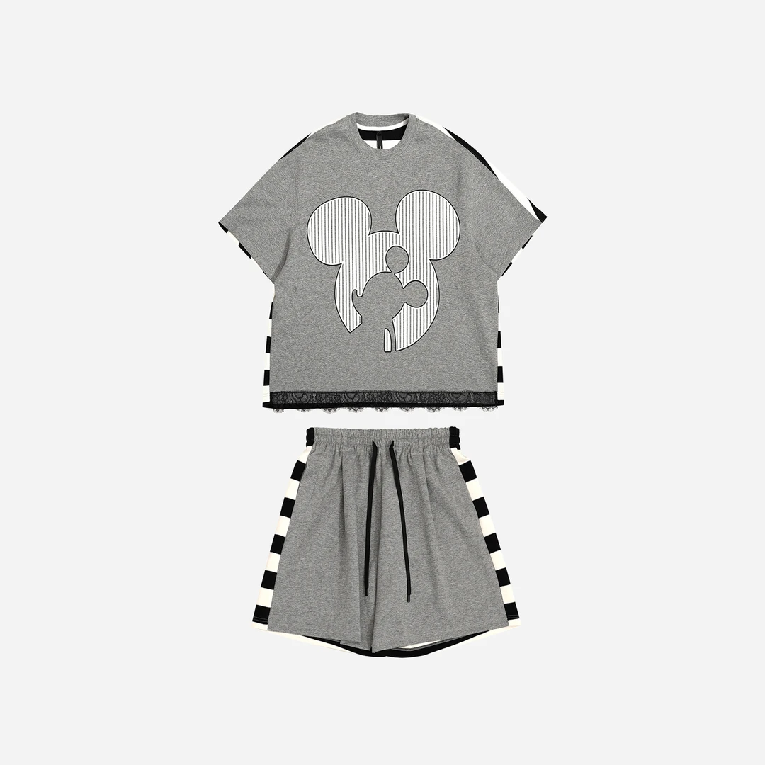 GGAHOLIDAY美式时尚休闲复古宽松洋气条纹短袖短裤套装-152077/8