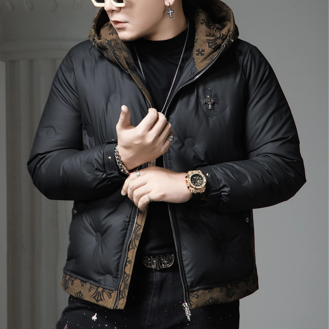 利尼科比利高端连帽羽绒服男士2025新款徽章保暖防寒服冬季外套男