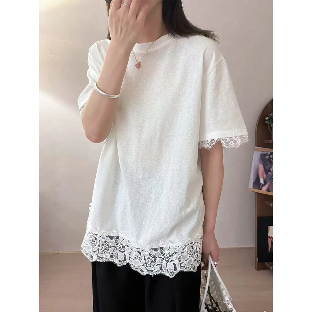 清HMY 30139夏款时尚圆领宽松蕾丝花边拼接短袖T恤女百搭休闲上衣