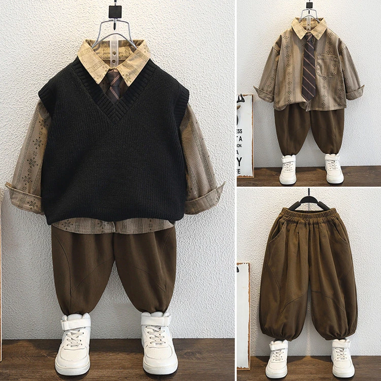 男童套装春秋款2025新款儿童春装痞帅宝宝森系三件套男孩酷帅衣服