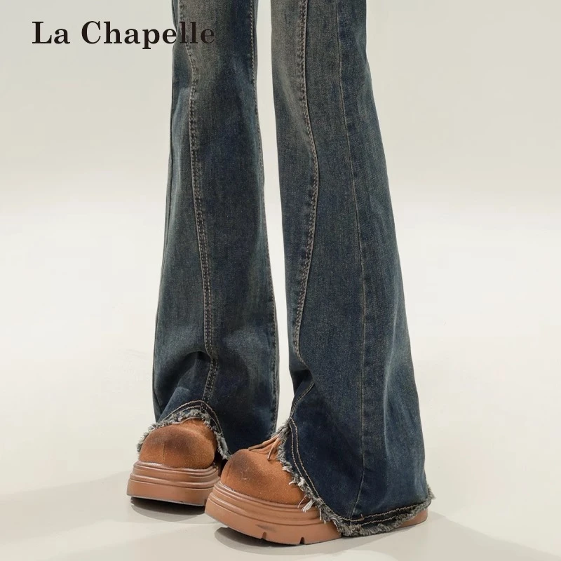 拉夏贝尔毛边微喇叭牛仔裤女春季2025新款高腰弹力修身显瘦马蹄裤