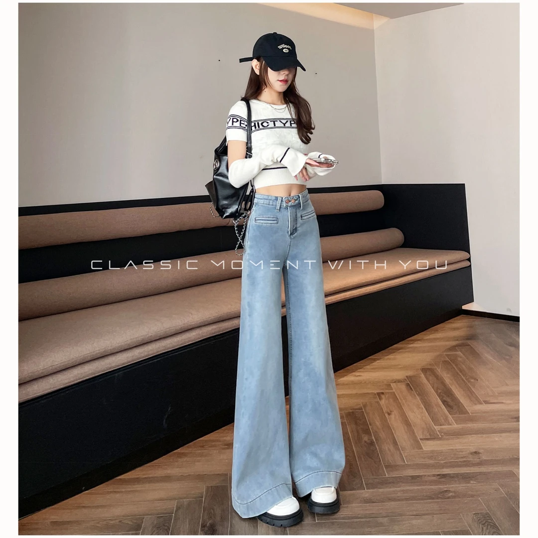 浅色阔腿牛仔裤秋冬款时尚百搭加绒爆款显瘦宽松牛仔裤